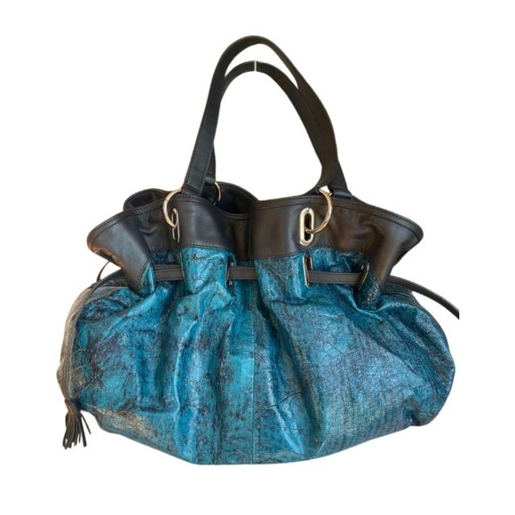 Donald J Pliner Handbags - Donald J. Pliner Turquoise Embossed Leather Drawstring Shoulder Bag/ Purse RARE!